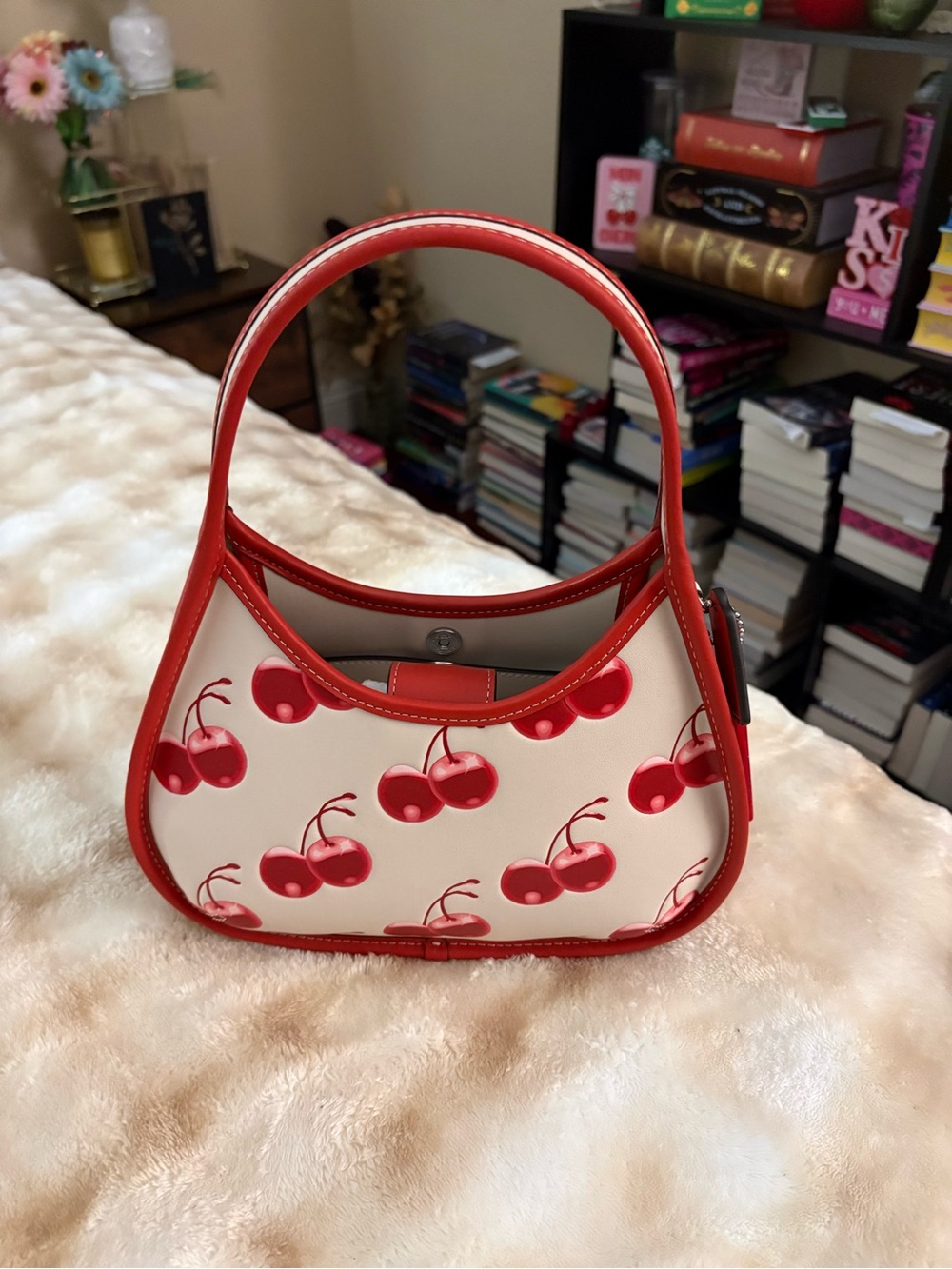 Cherry-Print Mini Shoulder Bag in Red and Cream